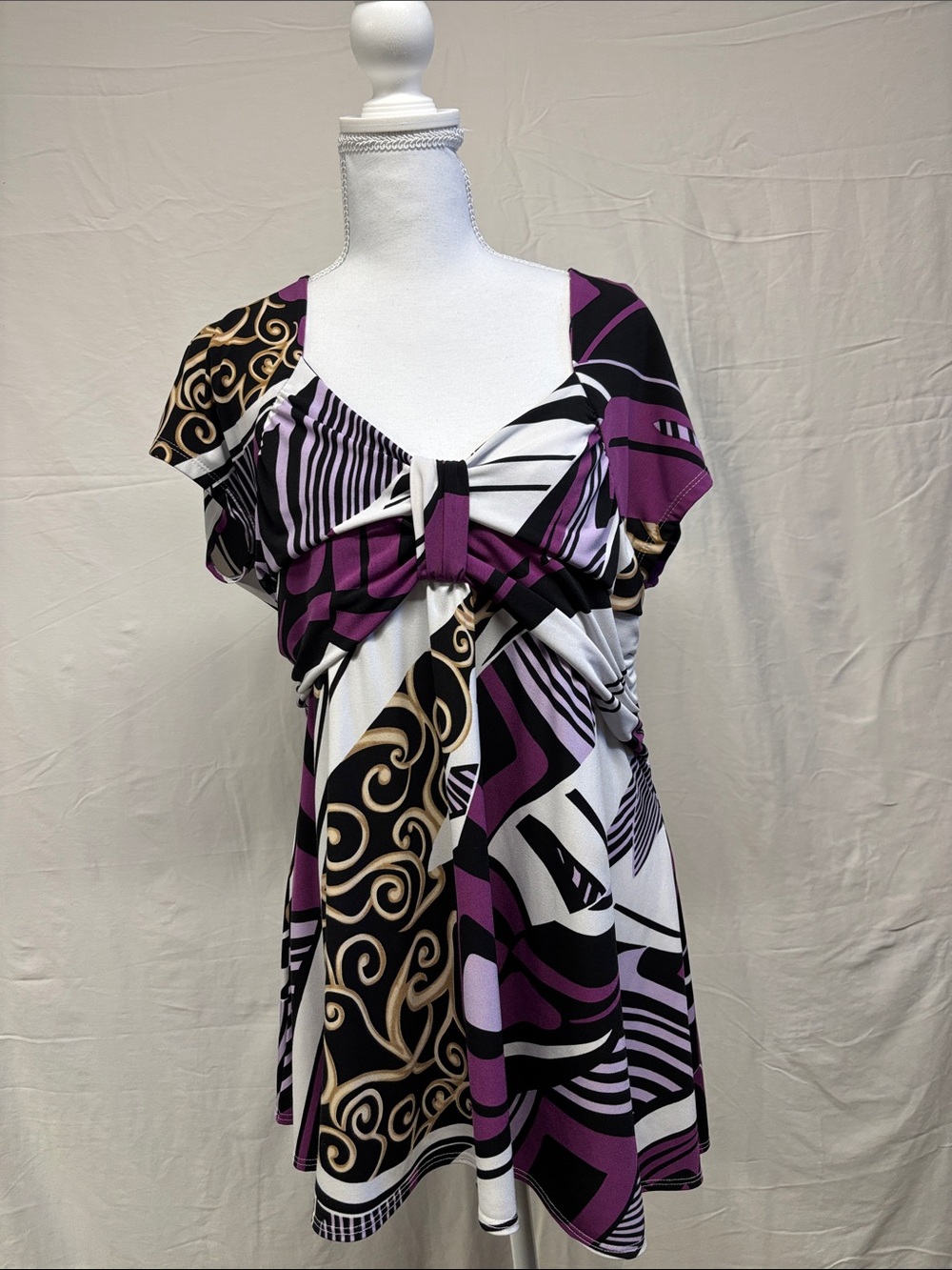 Knot-Front Abstract Print Purple Tunic
